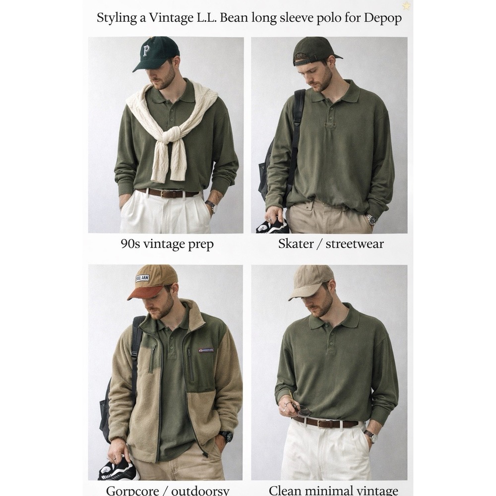 Vintage L.L.Bean Polo Shirt Mens XXL Tall Olive Green Waffle Long Sleeve 90s Y2K